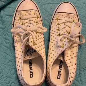 Gently-worn white with gold polka-dots Converse low tops